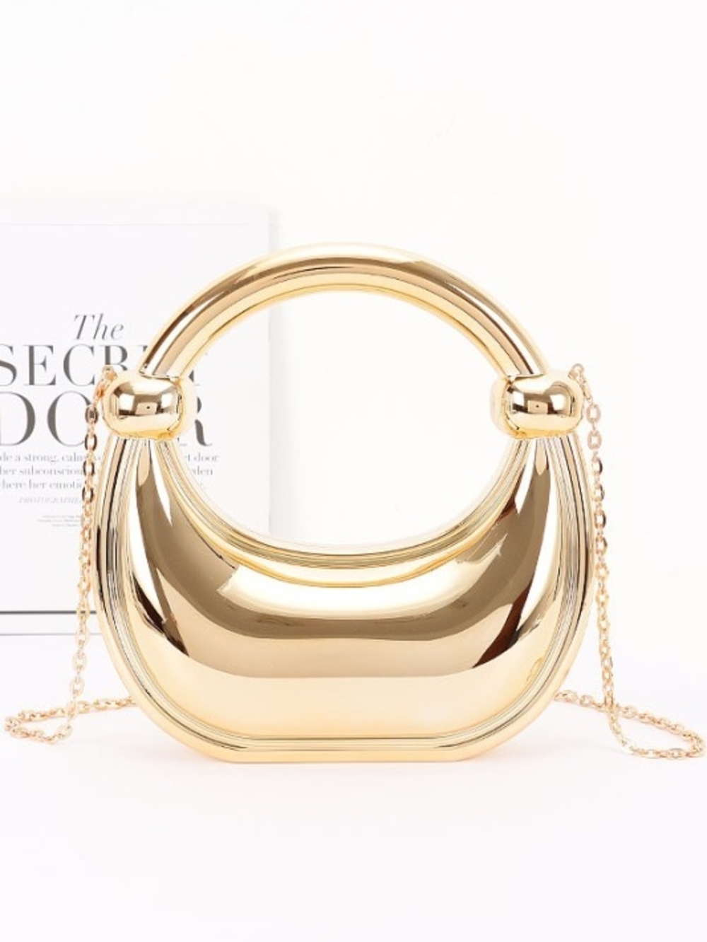 Gold Metallic Crescent Handbag with Chain Strap